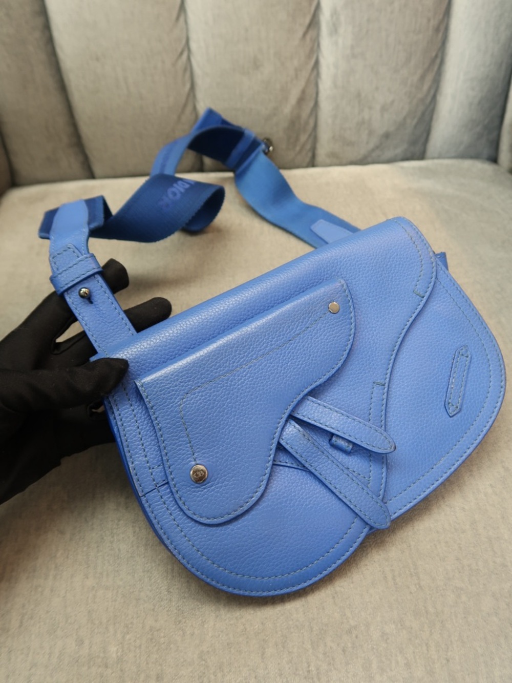 Dior Blue Leather Saddle Crossbody Bag with Adjustable Strap